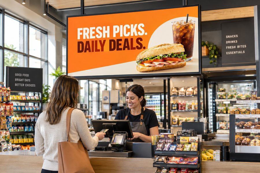 A landscape screen above a deli counter in a convenience store.