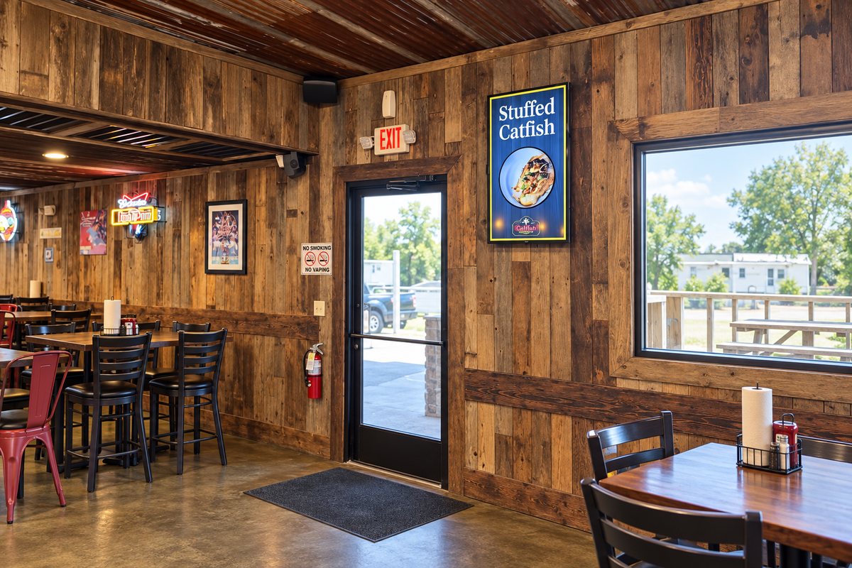 A screen in a restaurant dining room advertising the stuffed catfish special.