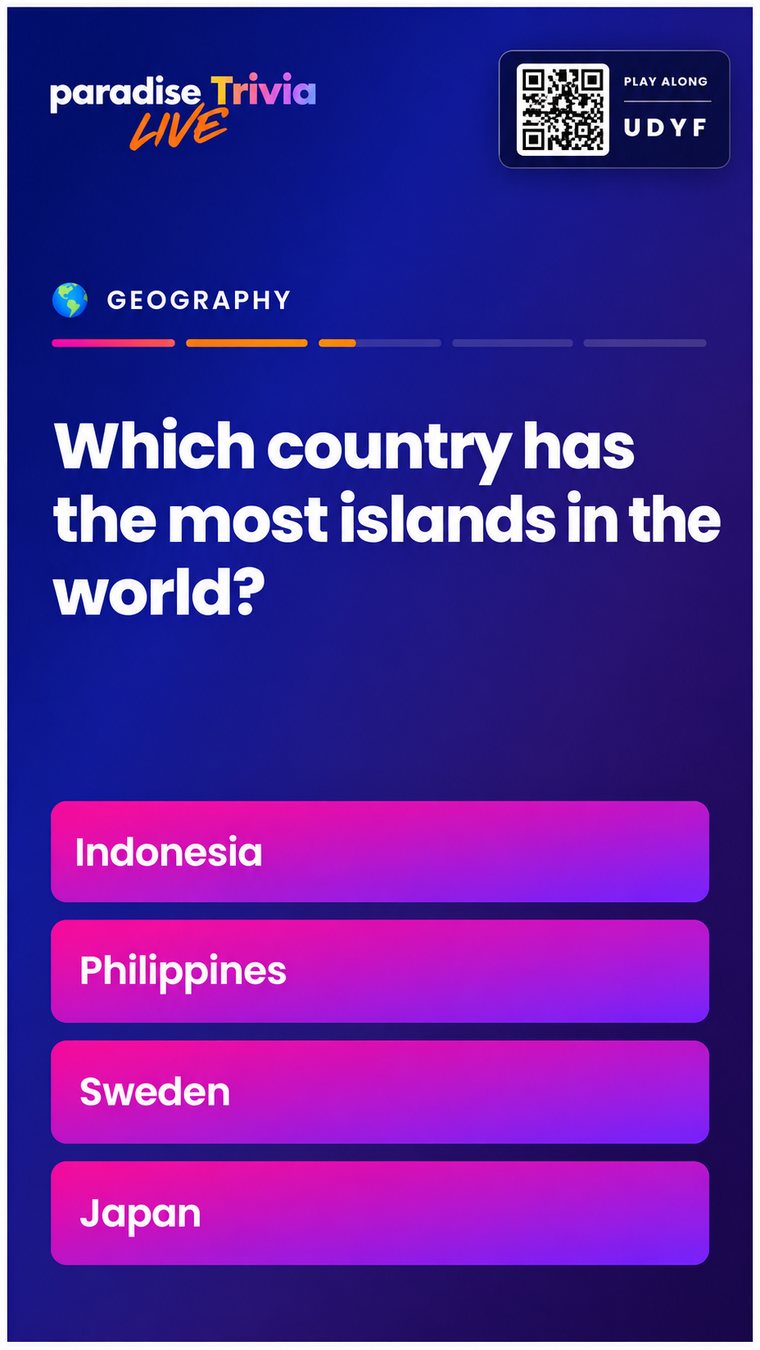 Paradise Trivia Live in portrait: a geography question with four answer choices and a QR code to join.
